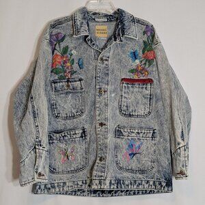 MICHAEL SLOANE Acid Wash Blue Button Jean Jacket w Painted Flowers; Size S - L